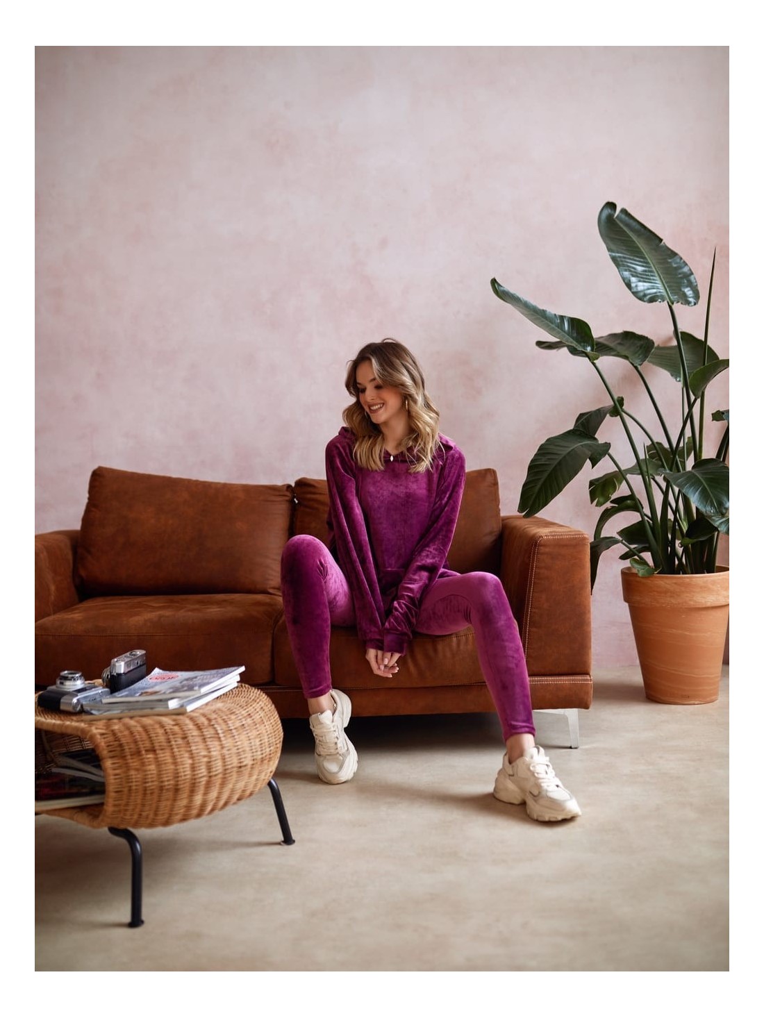 Velor set of leggings + oversize hoodie, plum TS07 - Online store - Boutique